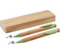 MPM - Juego de bolígrafos y lápices de bambú con clip de paja de trigo en caja de papel, 2 unidades, tinta azul y lápiz, madera clara/verde