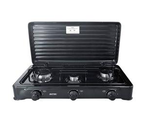 Mpm kn-03/1kb cocina gas portátil camping, 3 quemadores, rejilla esmaltada, tapa protectora, normativa g30-37 mbar, , negro