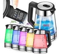 MPM MCZ-116 - Hervidor de agua con iluminación LED 2200 W, ajuste de temperatura 50-100 °C, carcasa de vidrio y acero inoxidable, función de mantenimiento caliente