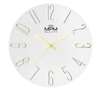 MPM Quality Reloj de Pared de diseño, Color Blanco y Dorado, con Fecha, números 3D, Movimiento de Cuarzo preciso, diámetro de 305 mm, decoración Moderna para salón, Dormitorio u Oficina