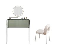 MPOPO Tocador Pies Transparentes de acrílico la Parte Superior Mesa Vidrio Templado Visible con Espejo Luminoso Giratorio Regulable del cajón(F)