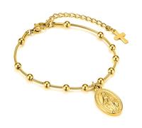 MPRAINBOW Rosario pulsera mujer María colgante - Cruz pulsera de fe - Pulseras cristianas joyas católicas regalo religioso Virgo María medalla mujeres confirmación bautizo, Acero inoxidable, Sin gemas