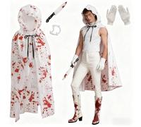 Mprocen Disfraz de capa de terror de Halloween para niños, conjunto de capa blanca con capucha blanca con patrón de manchas de sangre rojas, tatuajes, guantes, disfraz de vampiro aterrador, perfecto