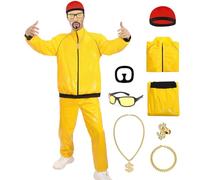 Mprocen Disfraz de rapero Ali G 90s para adultos, divertido traje amarillo con collar, gafas, barba, sombrero rojo y accesorios para Navidad, carnaval