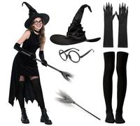 Mprocen Juego de accesorios de sombrero de bruja para Halloween, 5 piezas, accesorios de disfraz de mago, incluye sombrero puntiagudo, garras puntiagudas, guantes largos y medias adecuadas para juegos