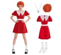 Mprocen Vestido rojo de teatro musical, vestido de encaje rojo con peluca de pelo rizado, collar en forma de corazón, disfraz de pequeño huérfano para cosplay del Día Mundial del Libro