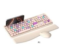 MPTOG Combo colorido de teclado y mouse inalámbricos para computadora con soporte para teléfono, reposamuñecas, teclas de máquina de escribir, inalámbrico de 2.4 GHz, mouse óptico de tamaño completo