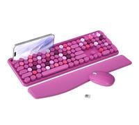 MPTOG Combo colorido de teclado y mouse inalámbricos para computadora con soporte para teléfono, reposamuñecas, teclas de máquina de escribir, inalámbrico de 2.4 GHz, mouse óptico de tamaño completo