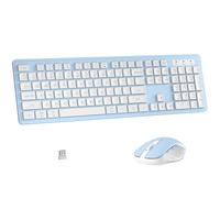 MPTOG Combo de teclado y mouse inalámbricos, teclado de oficina de tamaño completo de 104 teclas con 15 teclas de función, teclado numérico, receptor USB único, compatible con PC y portátil (azul