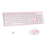 MPTOG Combo de teclado y mouse inalámbricos, teclado de oficina de tamaño completo de 104 teclas con 15 teclas de función, teclado numérico, receptor USB único, compatible con PC y portátil (rosa y