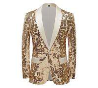 MQMYJSP Americana de lentejuelas brillantes para hombre, cuello de bufanda, traje de flores de un botón para fiesta, boda, novio, champán, XL