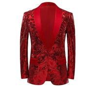 MQMYJSP Americana de lentejuelas brillantes para hombre, cuello de bufanda, traje de flores de un botón para fiesta, boda, novio, rojo, XL