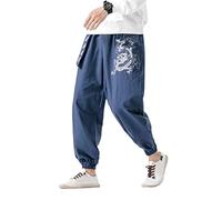 MQMYJSP Pantalones de harén para hombre, estilo chino con dragón bordado Kung Fu, azul marino, L