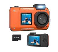 MQODLFP Cámara impermeable 4K 65MP cámara subacuática con tarjeta 64G, para esnórquel, enfoque automático, selfie, doble pantalla, color naranja