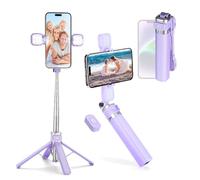 MQOUNY Mini trípode para iPhone y Palo Selfie con Control Remoto inalámbrico y luz extraíble, Soporte Extensible de rotación de 360 Grados, Compatible con iPhone y Android Samsung (Morado)