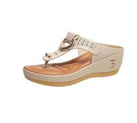 MQSHUHENMY Rome Summer Women Flip Flops Wedges Thick Slippers, High Heel Flip Flops for Women, Women's High Heel Platform Wedge Flip-Flops Beach Sandals (40,Beige)