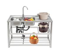 Mqwdxzfes 120 x 45 x 80 cm Fregadero doble de acero inoxidable con estante de 3 niveles y grifo de agua caliente y fría, fregadero de cocina independiente con armario bajo para restaurante, cafetería