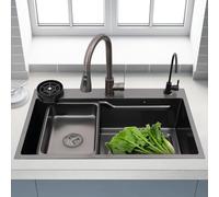 Mqwdxzfes Fregadero de cocina de acero inoxidable 304 con grifo, fregadero multifunción con ducha extensible y lavavajillas de tazas, fregadero empotrable con nano-revestimiento, lavabo grande para el