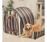 MQXDNFDC Casa grande para perros lavable, cama calmante para perros con almohadilla ortopédica, cueva cálida y suave para gatos, 2 en 1 (L para mascotas de menos de 10 kg, estrellas azules) (rayas