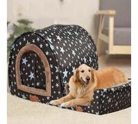 MQXDNFDC Casa grande para perros lavable, cama calmante para perros con almohadilla ortopédica, cueva cálida y suave para gatos, 2 en 1 (L para mascotas de menos de 10 kg, estrellas azules) (estrellas