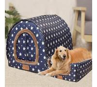 MQXDNFDC Casa grande para perros lavable, cama calmante para perros con almohadilla ortopédica, cueva cálida y suave para gatos, 2 en 1 (L para mascotas de menos de 10 kg, estrellas azules) (estrellas