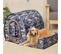 MQXDNFDC Casa grande para perros lavable, cama calmante para perros con cojín ortopédico, cueva cálida y suave para gatos, 2 en 1 (L para mascotas de menos de 10 kg, estrellas azules) (camuflaje azul,