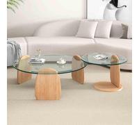 MQXDNFDC Juego de 2 mesas auxiliares de cristal, mesa central moderna redonda con base de madera, mesa de té minimalista circular para sala de estar (35 + 20 pulgadas, marrón + negro) (transparente +