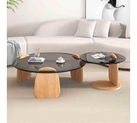 MQXDNFDC Juego de 2 mesas auxiliares de cristal, mesa central moderna redonda con base de madera, mesa de té minimalista circular para sala de estar (35 + 20 pulgadas, marrón + negro) (gris 1 +