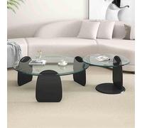 MQXDNFDC Juego de 2 mesas auxiliares de cristal, mesa central moderna redonda con base de madera, mesa de té minimalista circular para sala de estar (35 + 20 pulgadas, marrón + negro) (transparente y