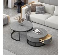 MQXDNFDC Juego de 2 mesas auxiliares redondas, juego de mesa auxiliar anidada con cajón de almacenamiento, mesa de sofá con textura de mármol pizarra, marco de metal, mesa de té moderna para