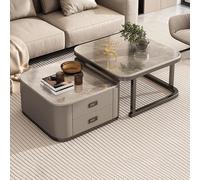 MQXDNFDC Juego de 2 mesas de centro cuadradas anidadas, mesa de cóctel moderna con parte superior y cajón de mármol sintético, mesa auxiliar de sofá, mesa central apilable para sala de estar,