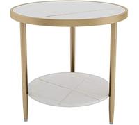 MQXDNFDC Mesa auxiliar de metal para sofá con 1 compartimento abierto y 1 bandeja inferior de almacenamiento, encimera de mármol, aleación de carbono, sofá redondo, mesita de noche pequeña (color: E)