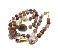 MQXFCZUX 12mm Brown Round Faceted Agate White Quartz Crystal Cultured Pearl Long Necklace 34"