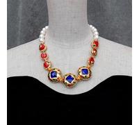 MQXFCZUX 12mm White Sea Shell Pearl Red Coral Blue Jasper Gold Plated Statement Necklace Women Jewelry Necklaces