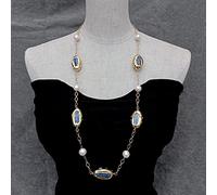 MQXFCZUX 13mm Freshwater White Pearl 19x32mm Blue Multi Color Tourmaline Rough Long Station Necklace