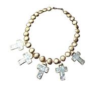 MQXFCZUX 15mm Gold Plated Brushed Coin Shape Bead Necklace 30x40mm White Sea Shell Mother Of Pearl Crucifix Pendant