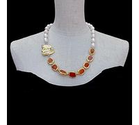 MQXFCZUX 15x12mm Cultured White Rice Pearl 16x20mm Carnelian Necklace Biwa Pearl Choker Necklace Women Jewelry Gift