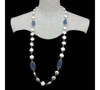 MQXFCZUX 15x30mm Blue Gold Plated Silver Color Brushed Coin Shape Bead Gemstone Jewelry Necklace