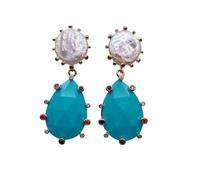 MQXFCZUX 16mm Cultured White Coin Pearl 20x30mm Blue Pave Teardrop Dangle Earrings