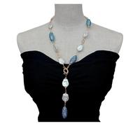 MQXFCZUX 16x20mm Cultured White Keshi Pearl Blue Crystal Pave Bead Long Necklace Bohemia Jewelry