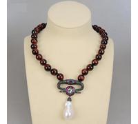 MQXFCZUX 18" 12mm Brown Tiger's Eye Round Necklace White Keshi Pearl Pave Gunmetal Colorful Pendant Necklace For Women
