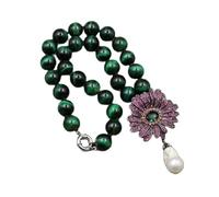 MQXFCZUX 18" 14mm Green Tiger Eye Round Necklace White Keshi Gunmetal Gold plated Flower Pendant Necklace For Women