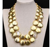 MQXFCZUX 18" 2 Rows Gold Plated Coin Bead White Pearl Necklace Brushed Beads Jewelry