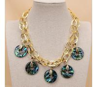 MQXFCZUX 18'' 2 Strands Gold Plated Fashion Oval Bezel Set Chain Necklace Big Green Abalone Shell Pendant Charms
