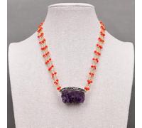 MQXFCZUX 18'' 3 Rows Purple Amethyst Rough Quartz Pendant Red Crystal Chain Chokers Necklace