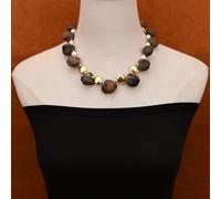 MQXFCZUX 18" Cultured White Pearl Rare Brown Marine Stone Of Sea Shell Gems Brushed Beads Chokers Necklace