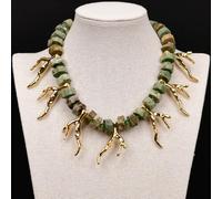 MQXFCZUX 18" Mix Color Green Opal Gems Green Crystal Necklace Golden Resin Coral Branch Shape Pendant