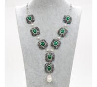 MQXFCZUX 19" 25mm Green Jade Paved White Round Pearl Necklace Keshi Pearl Pendant Earrings Set (Necklace)