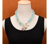 MQXFCZUX 19" Blue Aquamarine Color Glass Rough Quartz Necklace White Keshi Pearl Colorful Baroque Sea Shell Pendant