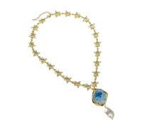 MQXFCZUX 19" White Baroque Pearl Blue Apatite Gold Edge Rough Pendant Gold Plated Fashion Chain Choker Necklace Lady Gifts